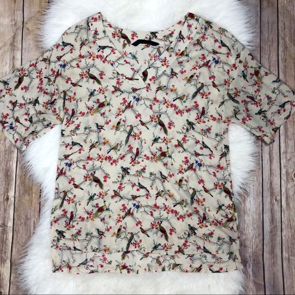 Zara Tops - Zara Basic | Bird Peacock Cream V Neck Blouse S